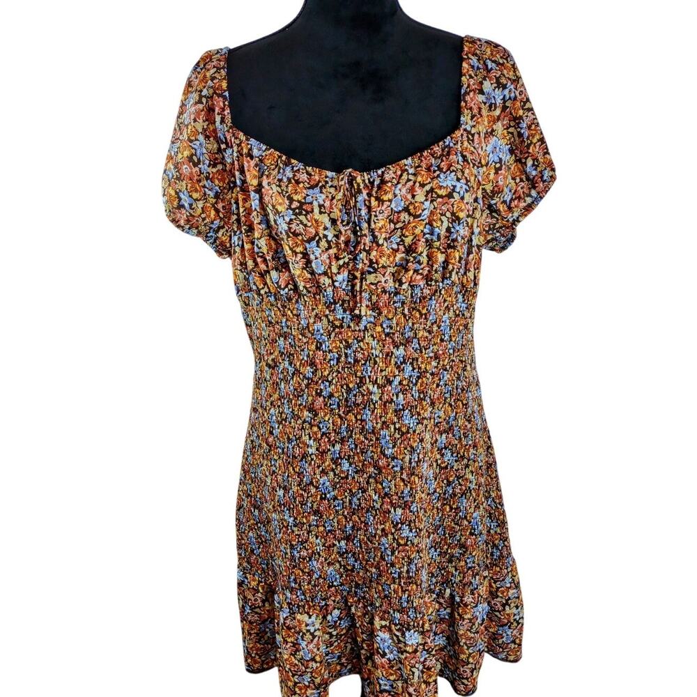 WILD FABLE Women's Midi Dress Medium Floral Polyester Ruffled Smocked Brown